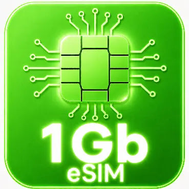 Green logo with a chip design and '1Gb eSIM' text on a green background