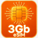 esim Logo with a chip design and '3Gb eSIM' text on an orange background