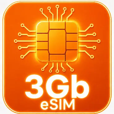 esim Logo with a chip design and '3Gb eSIM' text on an orange background