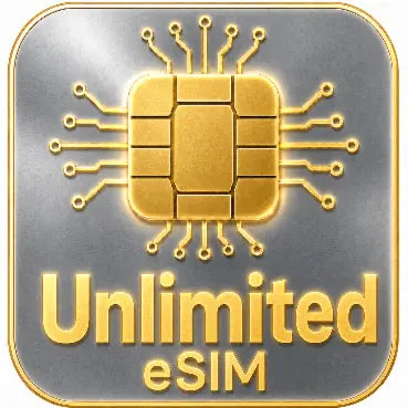 esim Logo with gold circuit design and 'Unlimited eSIM' text on a metallic background
