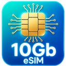 Gold eSIM chip on a blue background with '10Gb eSIM' text