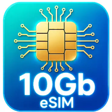 Gold eSIM chip on a blue background with '10Gb eSIM' text