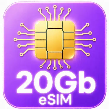 Gold eSIM chip on a purple background with '20Gb eSIM' text