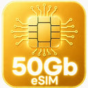 Gold-colored eSIM chip with '50Gb eSIM' text on a gold background