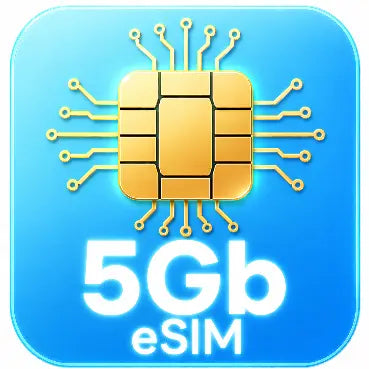 5GB eSIM chip icon on a blue background
