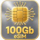 Gold eSIM chip with '100Gb eSIM' text on a metallic background