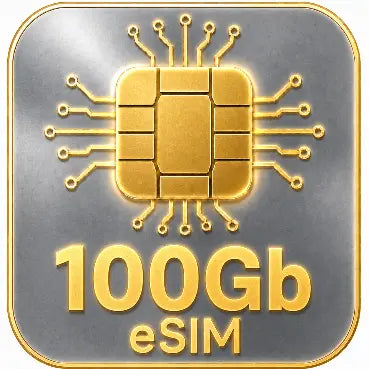 Gold eSIM chip with '100Gb eSIM' text on a metallic background