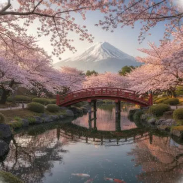Japan esim - Red bridge over a pond with cherry blossom trees and Mount Fuji in the background