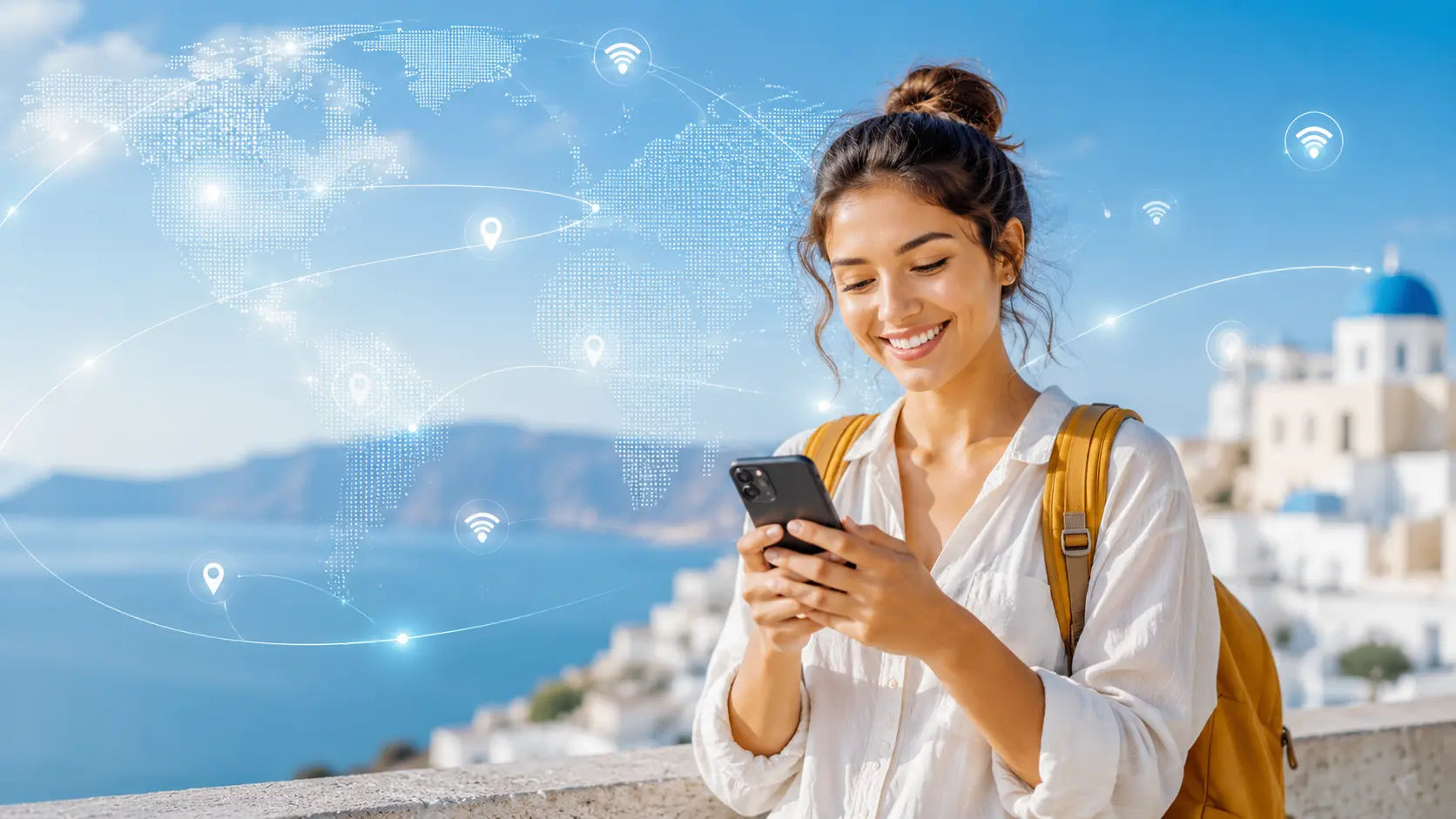 esim plus showing Woman using a smartphone with a scenic background and network icons overlayed
